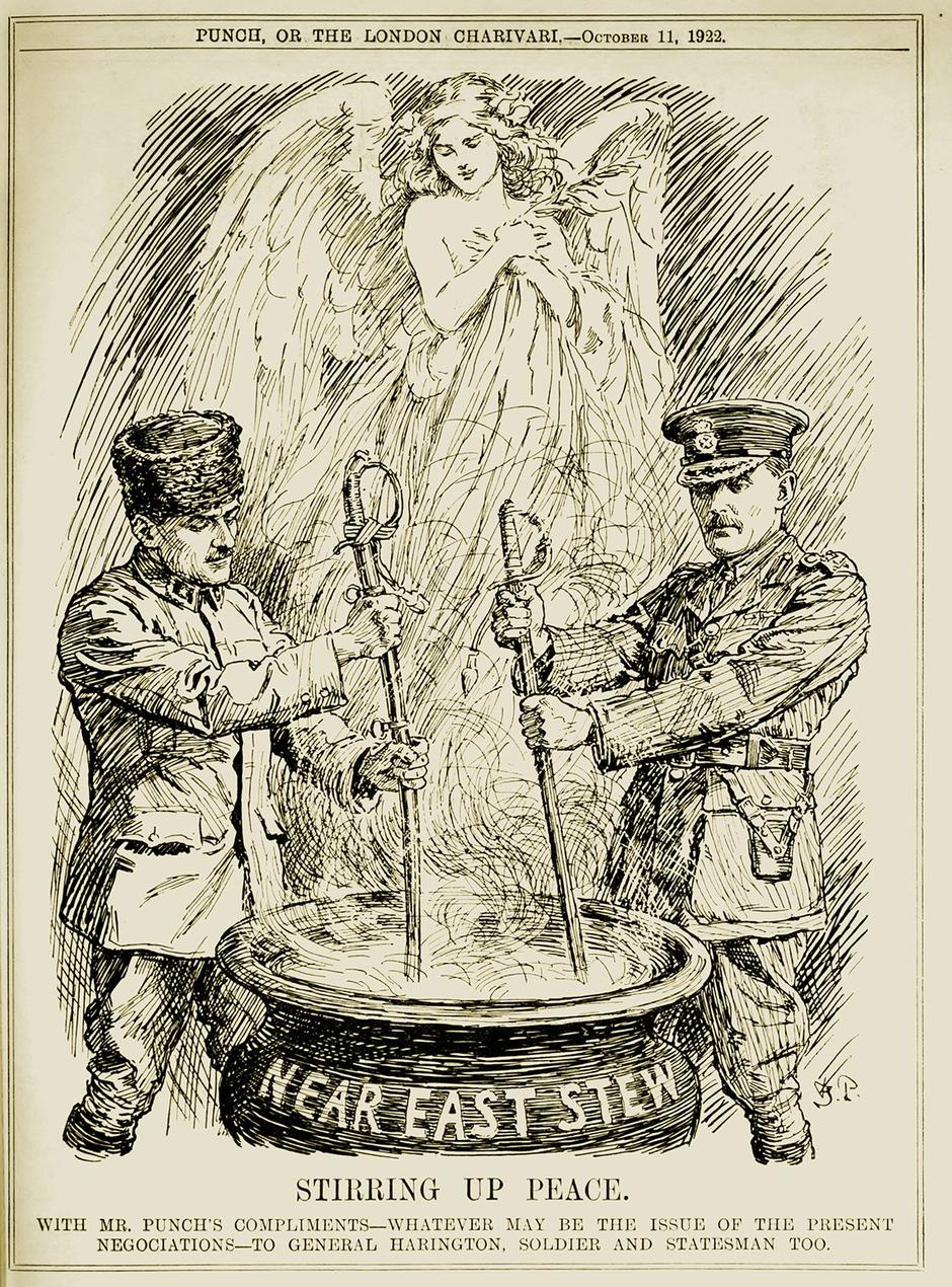 Na karikaturi objavljenoj u časopisu „Punch“ toga dana, Mustafa Kemal Pasha (Atatürk) i general Harington vide se kako zajedno započinju mir na Bliskom istoku.